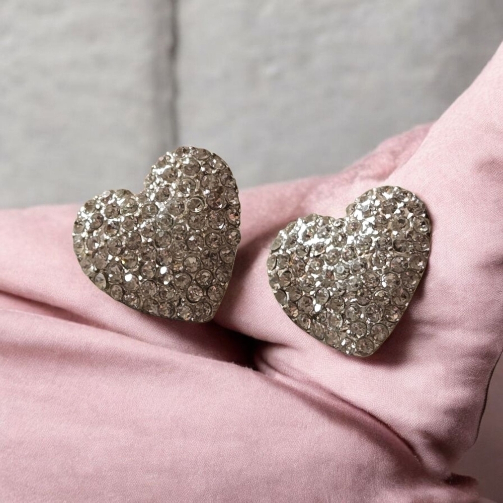 Silver Tone Heart Rhinestone Stud Earrings